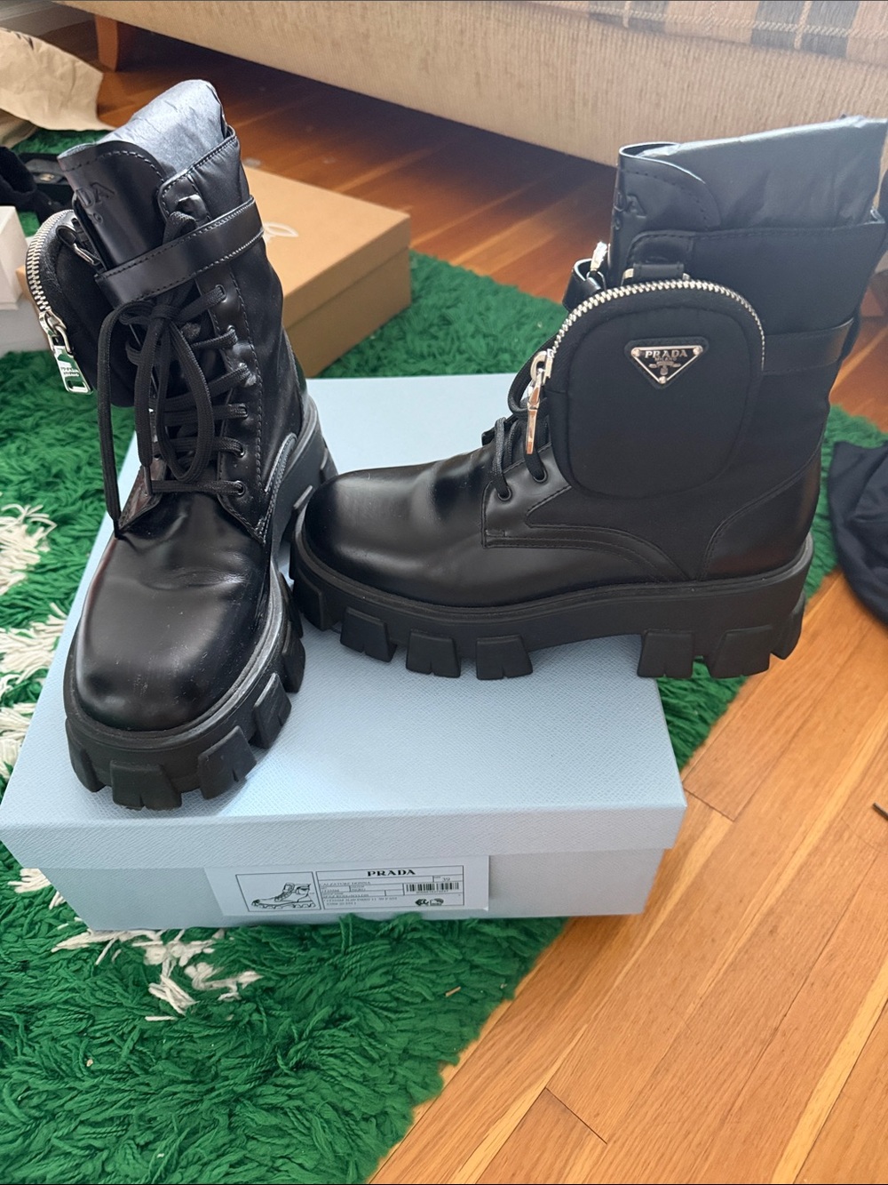 Prada Monolith Leather and Re-Nylon Combat boots with pouch size 39 US 9
